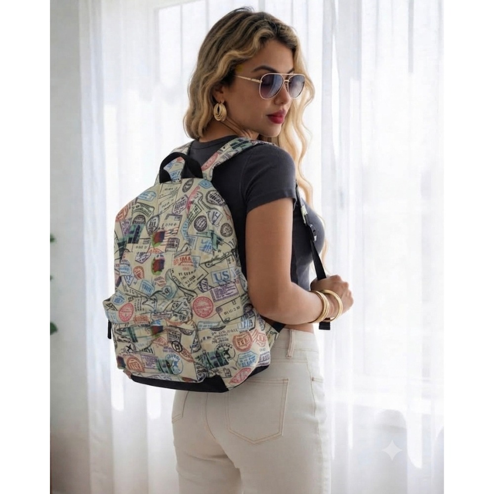 Passport Stamp Travel Print Backpack Cream Multi Buckle Drawstring Rucksack